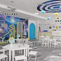 Space Themed Kindergarten Science Activity Zone With White Tables Globes And Wall Murals