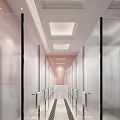 Modern Public Restroom Interior With White Glass Partitions Silver Handrails And Clean Bright Tile Flooring