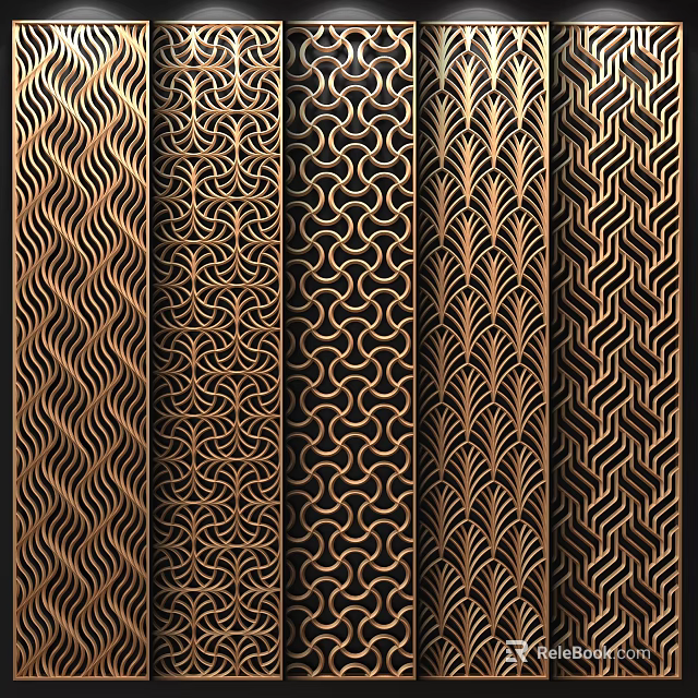 Decorative Screens with Various Intricate Patterns in Brass Tone for Interior Design 3d model 