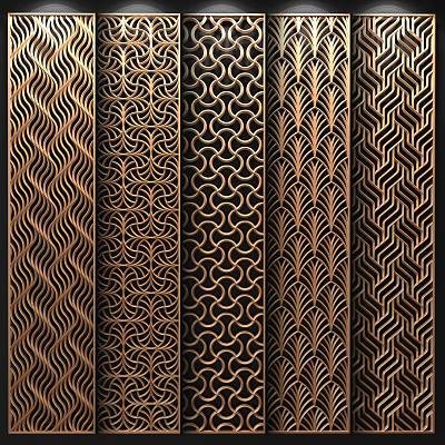 Decorative Screens with Various Intricate Patterns in Brass Tone for Interior Design 3d model