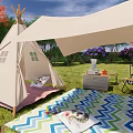 Cozy Tipi Tent For Outdoor Leisure With Canopy Picnic Blanket And Guitar On Grass