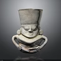 Ancient Ceramic Figure with Distinctive Headpiece Carved Eyes and Curved Arms