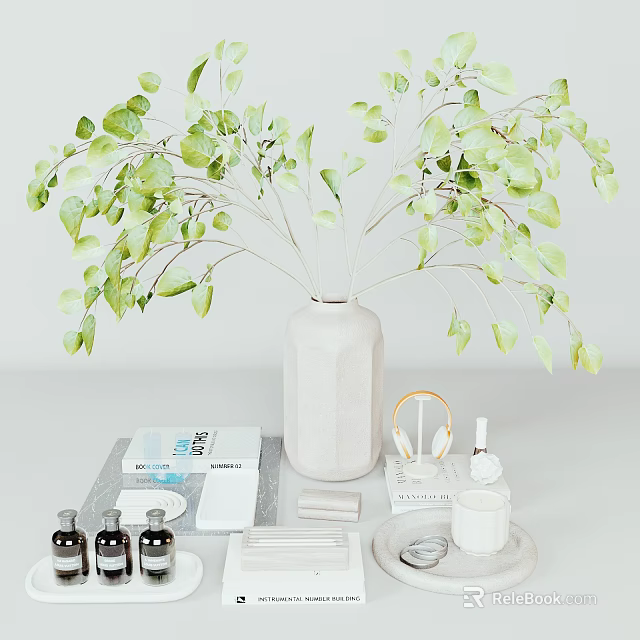 Decorative Ornament Set with Green Leaves in White Vase Skincare Bottles Cup and Plate 3d model 