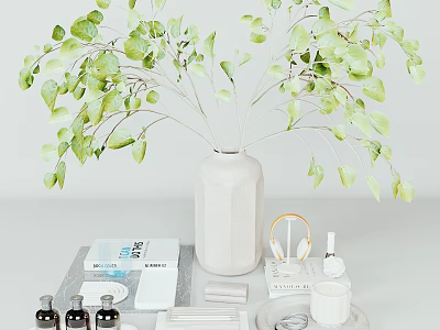 Decorative Ornament Set with Green Leaves in White Vase Skincare Bottles Cup and Plate 3d model