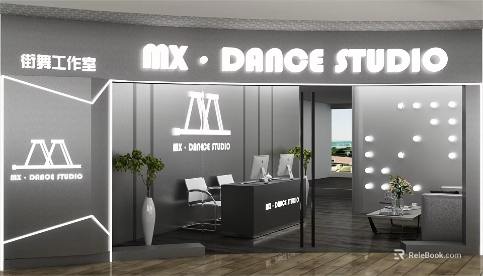 MX Dance Studio Modern Interior Design With Reception Desk And Green Plants For Dance Fitness 3d model 