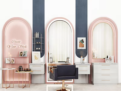Modern Beauty Salon Interior With Pink Arched Mirrors And Styling Stations 3d model