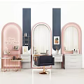 Modern Beauty Salon Interior With Pink Arched Mirrors And Styling Stations