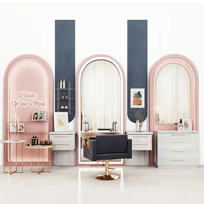 Modern Beauty Salon Interior With Pink Arched Mirrors And Styling Stations 3d model