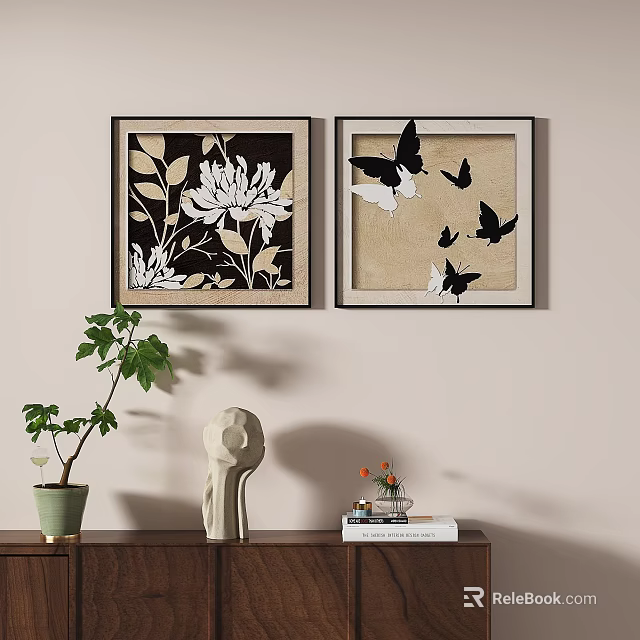 Framed Wall Art With Floral And Butterfly Designs Potted Plant Sculpture On Wooden Shelf 3d model 