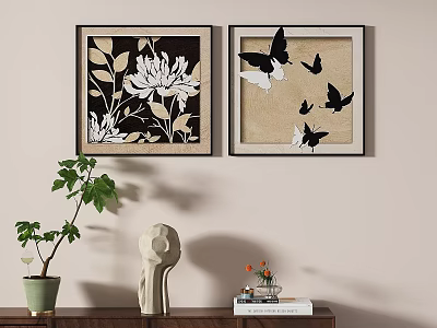 Framed Wall Art With Floral And Butterfly Designs Potted Plant Sculpture On Wooden Shelf 3d model