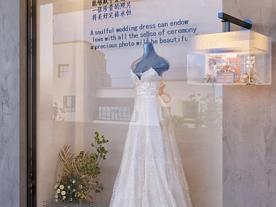 Elegant Bridal Window Display with Soulful Wedding Dress and Fresh Flower Bouquet 3d model