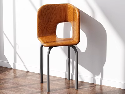 Stylish Oak Wood Single Chair With Black Metal Legs In Sunlit Room 3d model