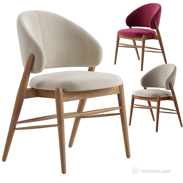 Modern Dining Chairs With Curved Backrest Wooden Legs Beige Red Fabric Cushions And Stylish Design 3d model 