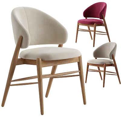 Modern Dining Chairs With Curved Backrest Wooden Legs Beige Red Fabric Cushions And Stylish Design 3d model
