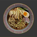 Delicious Ramen In Traditional Patterned Bowl With Chashu Pork Soft Boiled Egg Nori And Scallions