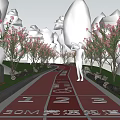 Park Landscape With Red Running Track Number Markers Pink Trees Green Grass And Clear Sky