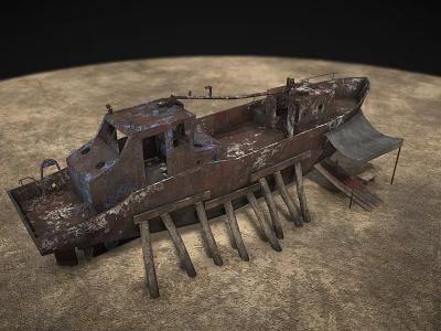 Old Rusted Wooden Boat On Sandy Ground With Stilt Supports And Worn Structure 3d model
