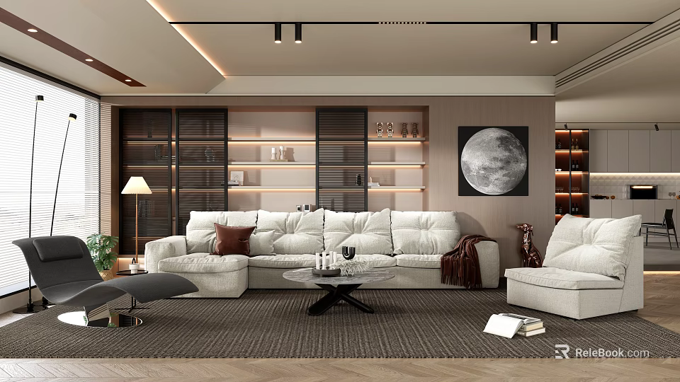 Modern Living Room Interior Design With White Sofa Round Painting And Area Rug 3d model 