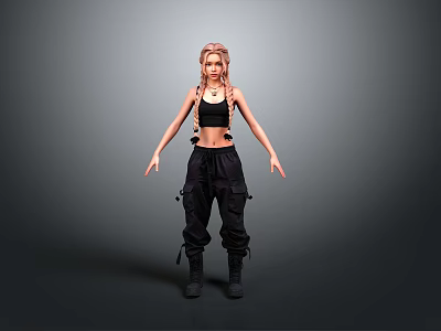 Woman With Braided Hair Wearing Black Crop Top And Cargo Pants Standing Against Gray Background 3d model
