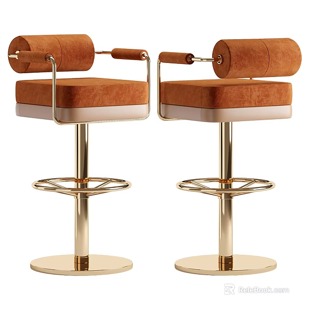 Two Modern Brown Velvet Bar Stools With Gold Metal Base And Armrests 3d model 