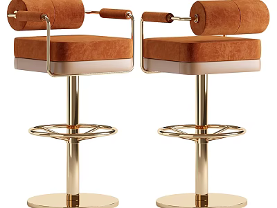 Two Modern Brown Velvet Bar Stools With Gold Metal Base And Armrests 3d model
