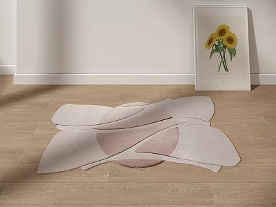 Stylish Abstract Shaped Rug On Wooden Floor Modern Home With Sunflower Art 3d model