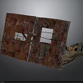 Worn Red Board With Square Openings And GO AWAY Text Beside Sandbags And Wooden Crate