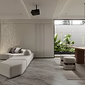 Modern Basement Interior Design With Sofa Coffee Table Projector And Staircase
