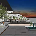 Serene Rooftop Garden Outdoor Space With Dining Table Chairs Umbrella Plants And Sunset Sky
