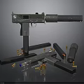 Modern Tactical Weapon With Metal Parts Bullets And Magazines On Dark Background