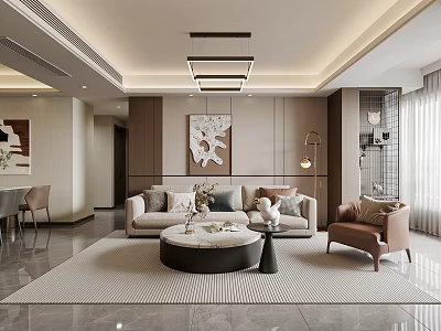 Modern Living And Dining Room Interior With Sofa Coffee Table Artwork Chandelier And Rug 3d model