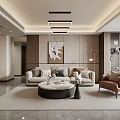 Modern Living And Dining Room Interior With Sofa Coffee Table Artwork Chandelier And Rug