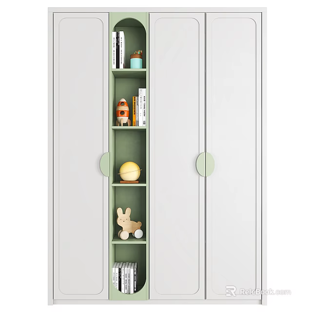 Modern Wardrobe With Green And White Doors Open Shelves And Decorative Items 3d model 
