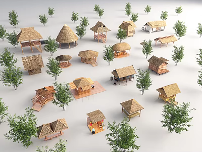 Various Thatched Houses Surrounded by Green Trees in Natural Rural Setting 3d model