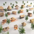 Various Thatched Houses Surrounded by Green Trees in Natural Rural Setting