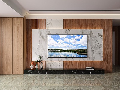 Solid wood marble living room TV background wall 3d model