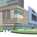 Urban Modern Multi Story Commercial Building With Glass Curtain Walls And Pedestrians