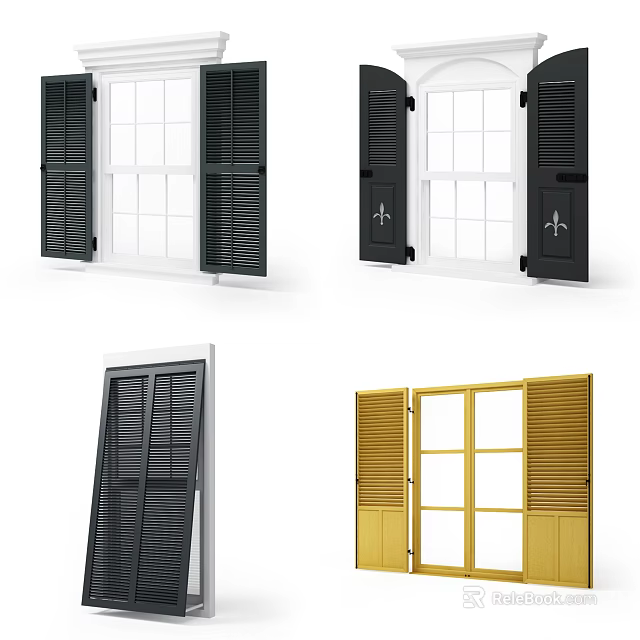 Stylish Black Gold Window Shutters With Open Closed Positions And Modern Design 3d model 