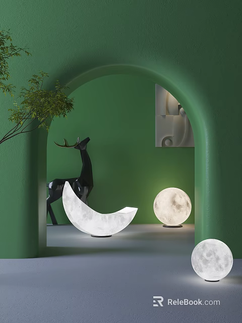 Crescent Moon And Round White Floor Lamps In Green Interior With Deer Ornament And Plant 3d model 