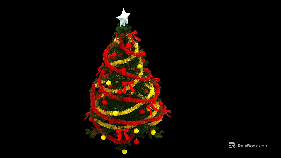 Festive Christmas Tree Ornament Set with Red Yellow Ribbons Balls and Star Decoration 3d model 