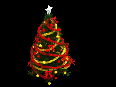 Festive Christmas Tree Ornament Set with Red Yellow Ribbons Balls and Star Decoration 3d model