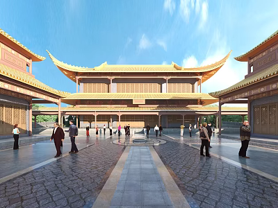 Ancient Chinese Architecture Featuring Yellow Roof Overhanging Eaves And Courtyard With Visitors 3d model