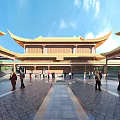 Ancient Chinese Architecture Featuring Yellow Roof Overhanging Eaves And Courtyard With Visitors