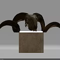 Ram Skull Sculpture with Large Curved Horns on Square Stone Base