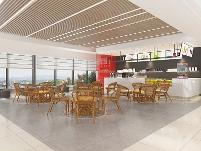 Modern Café Interior With Wooden Tables Chairs Large Windows And Red Wall 3d model