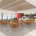 Modern Café Interior With Wooden Tables Chairs Large Windows And Red Wall