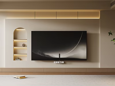 Minimalist TV Wall Design With LED Strips Arched Shelf And Flat Screen TV 3d model