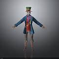 Colorful Clown Character Wearing Green Hat Blue Coat with Playful Animal Companion and Colorful Prop