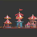 Vibrant Amusement Park Scene With Heart Shaped Area Red White Striped Tents Carousel And Flags