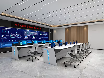 Modern Control Room with Multiple Monitors Control Desks Office Chairs and Technical Data Displays 3d model